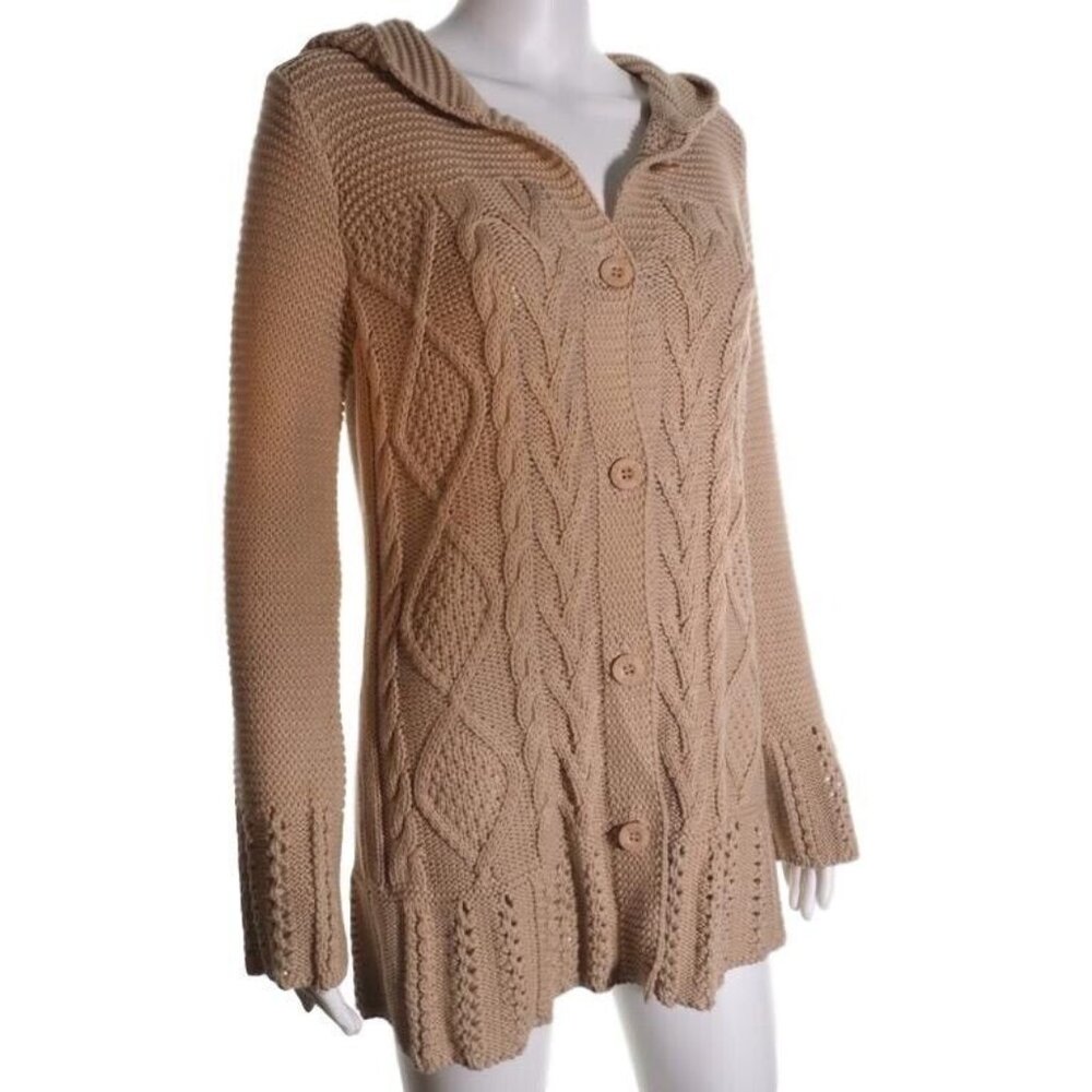 BCBG Fisherman Cardigan Size M 10 12 Tan Tunic Hood Cable Button Natural